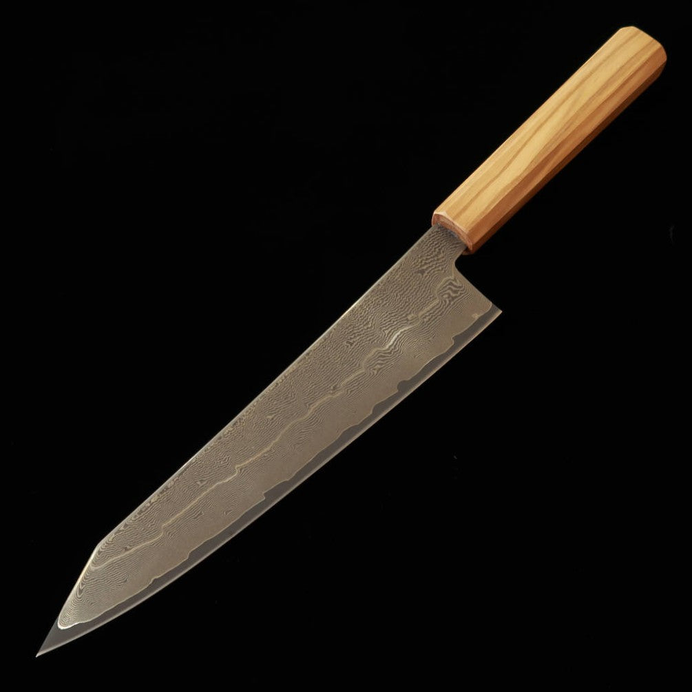 初心 HATSUKOKORO 切付牛刀 銀紙三号 ダマスカス オリーブ八角柄 (210mm)