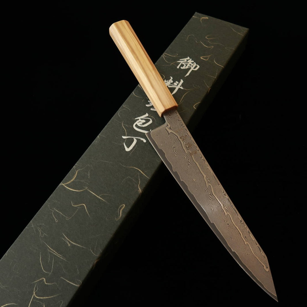 HATSUKOKORO Hajime – Gyuto kiritsuke, acier Gin-3, damas, manche octogonal en olivier (210 mm)