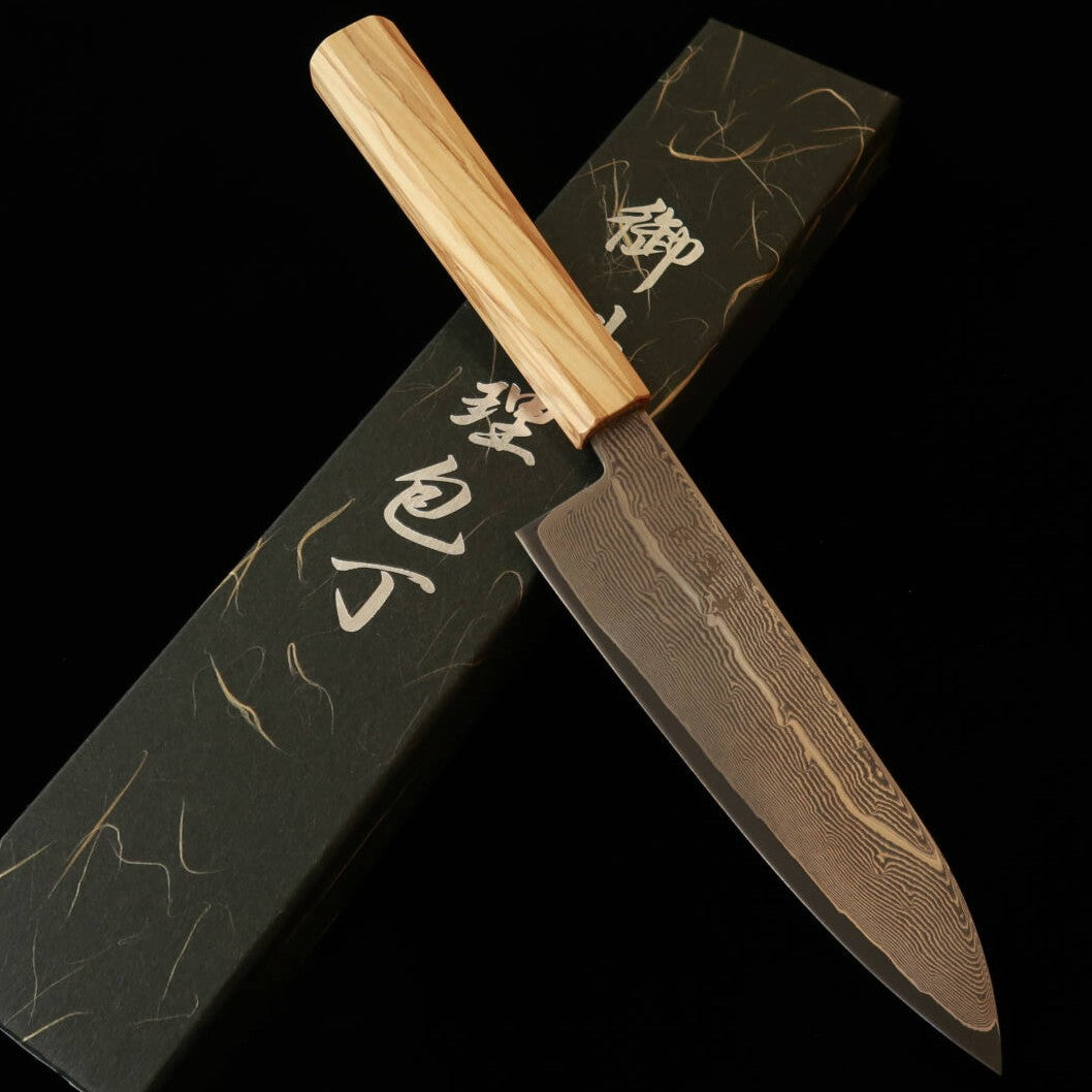 Hatsukokoro Santoku Ginsan Damascus Olive Octagonal Handle (170mm)