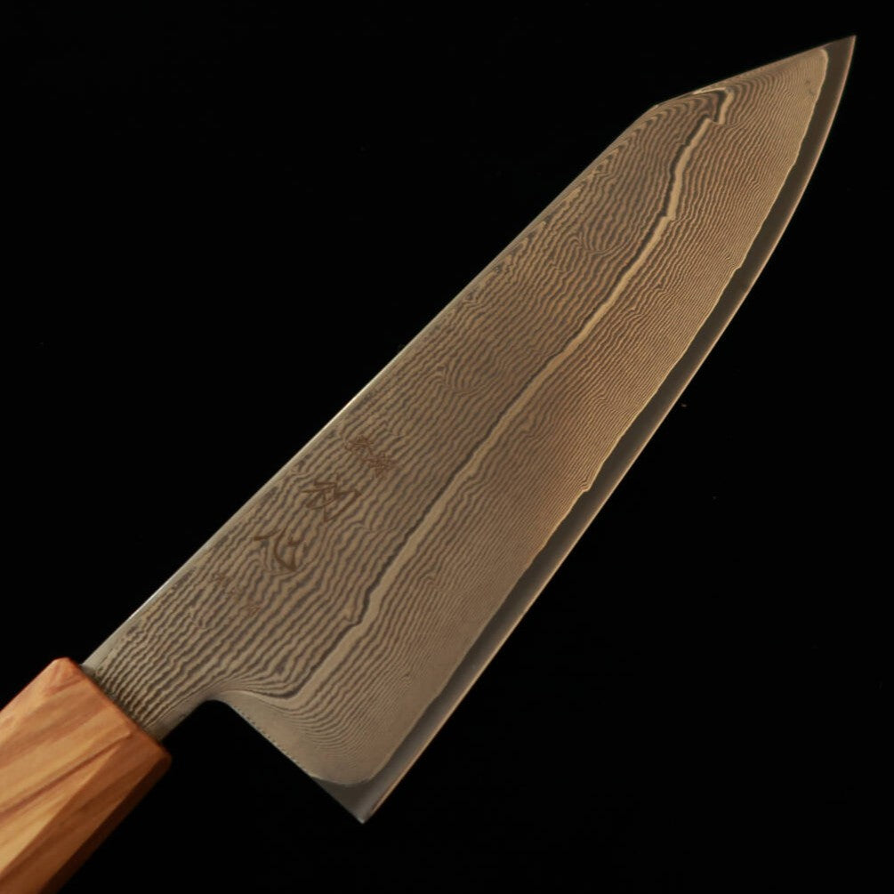 HATSUKOKORO Hatsukokoro santoku kiritsuke acero Gingami No.3 damasco mango octogonal de olivo (170 mm)