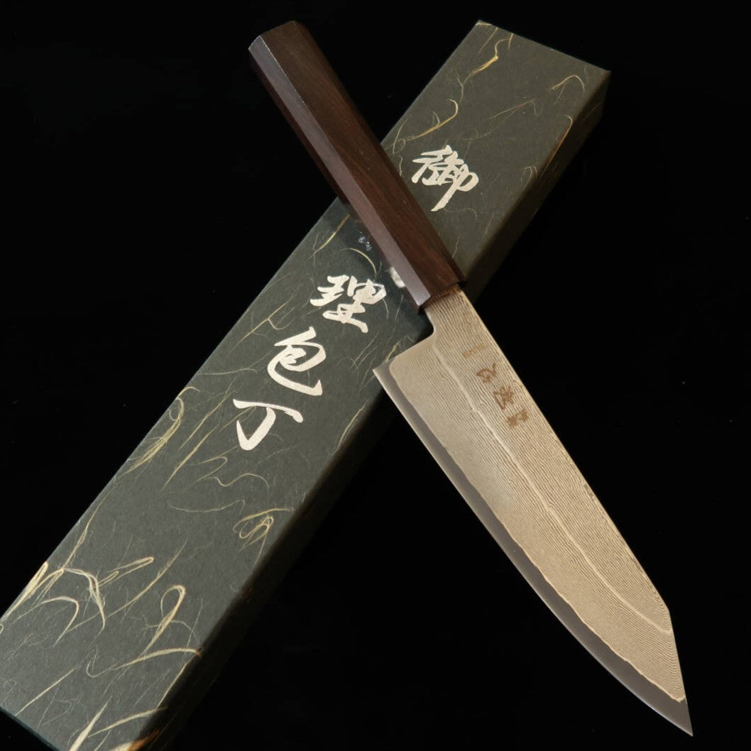 HATSUKOKORO couteau santoku kiritsuke Gin-san n°3 damas manche ébène monobloc (170 mm)