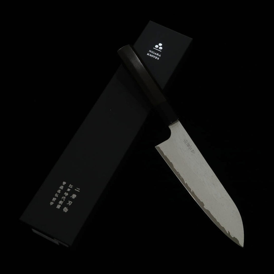 二唐刃物鍛造所NIGARA VG XEOS 槌目ダマスカス 三徳 黒檀柄 (185mm)