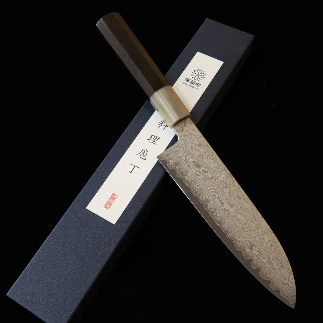Faca Santoku Sakai Kikumori Seihun Series VG10 com Cabo de Ébano e Chifre de Búfalo (180mm)