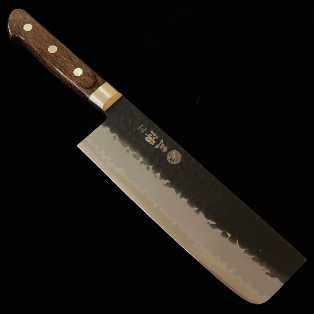 三浦MIURA 菜切 青紙スーパー 黒打ち 鎚目 焦茶柄 鍔付き（165mm）