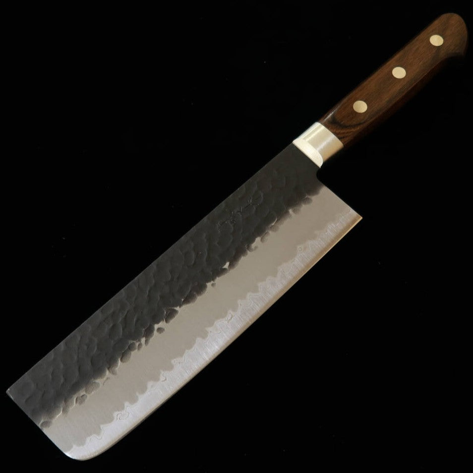 三浦MIURA 菜切 青紙スーパー 黒打ち 鎚目 焦茶柄 鍔付き（165mm）