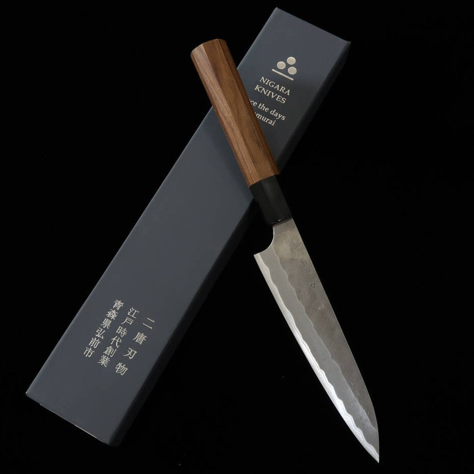 二唐刃物鍛造所 NIGARA 青紙スーパー ペティナイフ みがき槌目 チーク柄 (120/150mm)