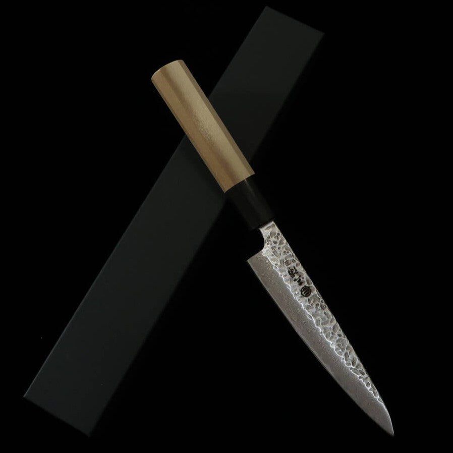 MIURA – Couteau d’office AUS10, finition martelée, manche en bois de magnolia et corne de buffle (135mm)