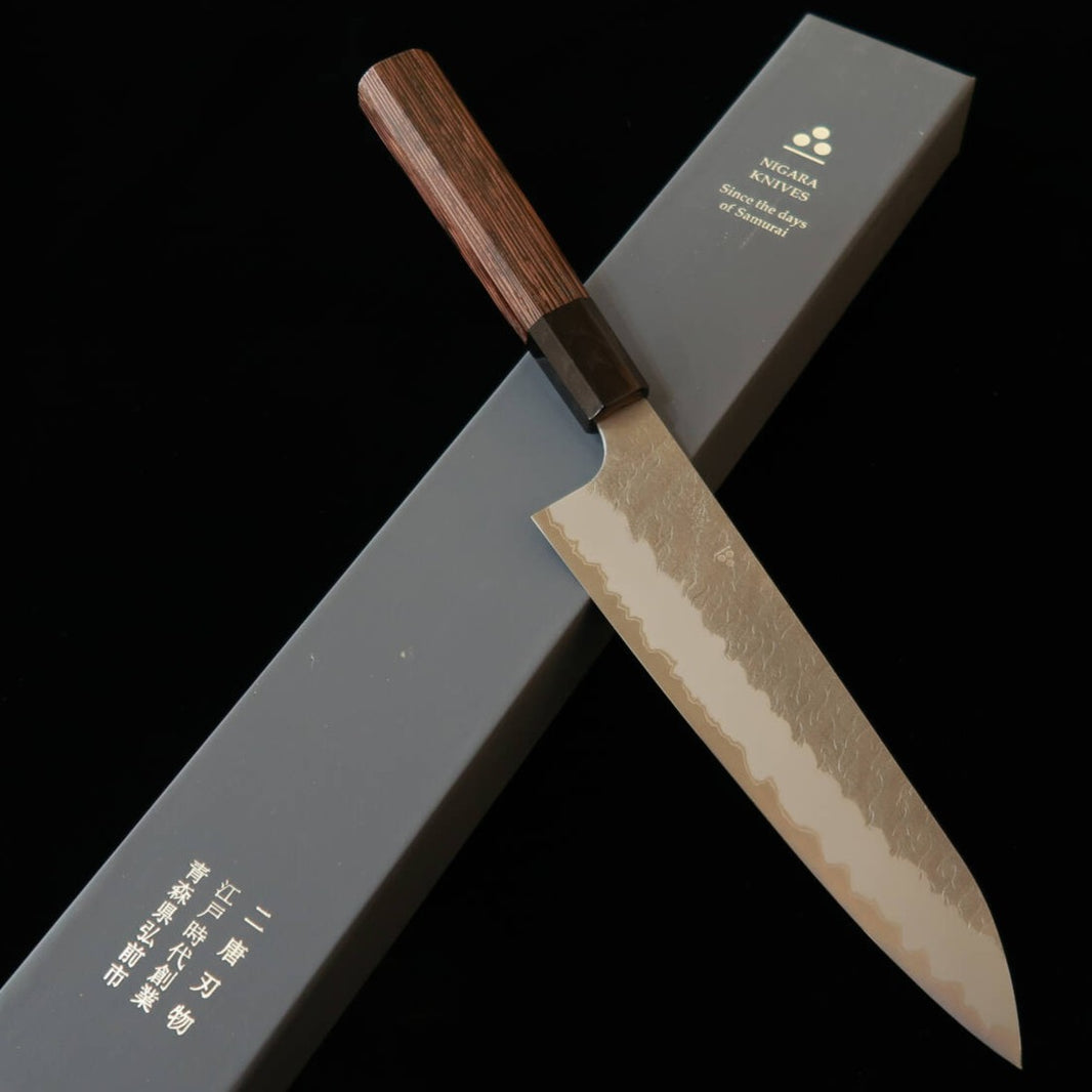 二唐刃物鍛造所 NIGARA 牛刀 青紙スーパー 鎚目 ウェンジ八角柄（210-270mm）