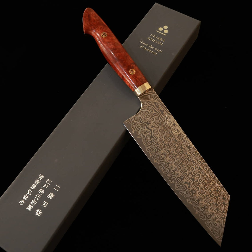 二唐刃物鍛造所 NIGARA 切付菜切 SG2 暗紋 ダマスカス 花梨ハンドル (180mm)
