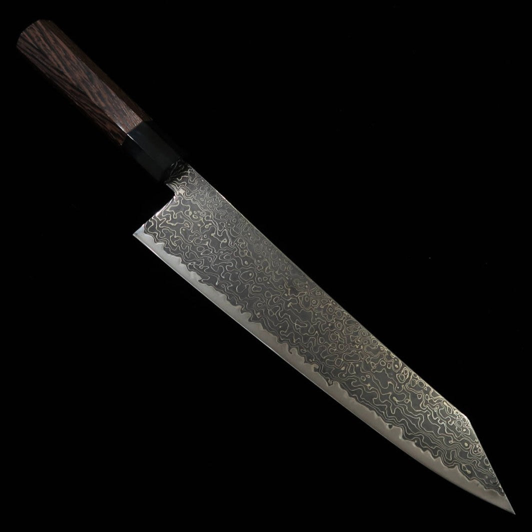 MIURA Kirituke Gyuto Ryūhyō SG2 Damasco ennegrecido Mango octogonal de wengué con cuerno de búfalo negro (240 mm)