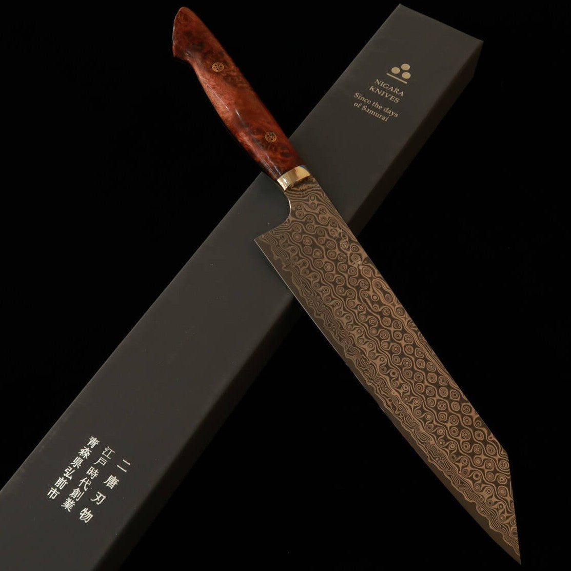 Nigara Hamono Nigara SG2 Padrão Escuro Kiritsuke Gyuto Cabo de Burl de Carvalho (240mm)