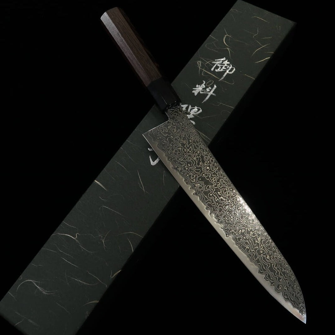 MIURA, Ryuu-hyou, Gyuto, SG2, Damas noirci, Manche octogonal en wengé et corne de buffle noir (240 mm)