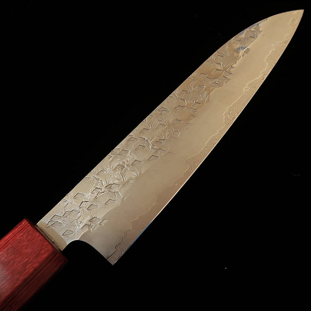 STYLE-K Kurosaki Makoto’s Kaen, Coreless Damascus Hammered Petty with Ebony Octagonal Handle (135mm)
