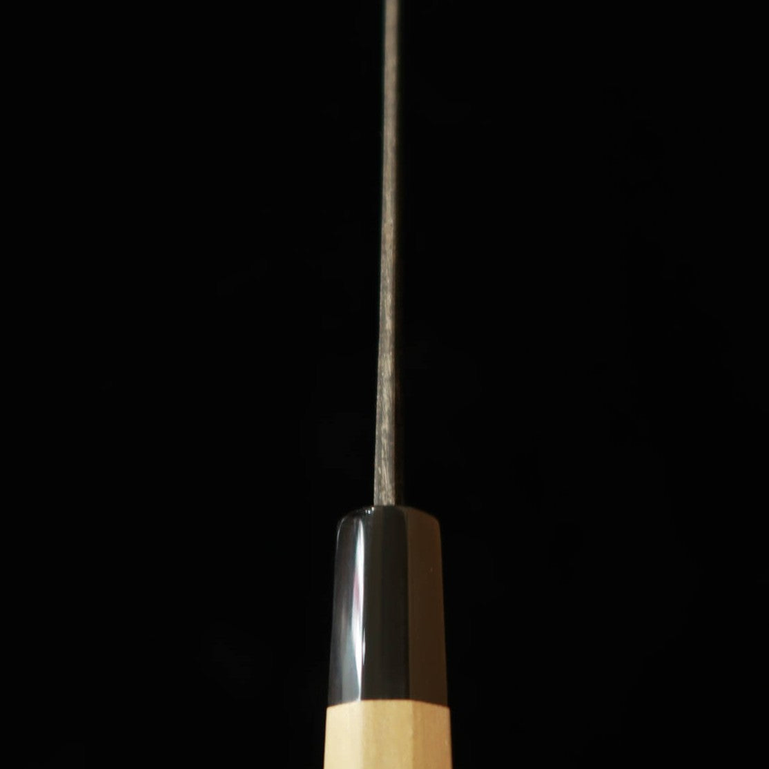 Faca Santoku Sakai Kikuzuki (Sakai Kikumori), estilo Kiritsuke, em aço branco #2, cabo de madeira Ho octogonal (180mm)