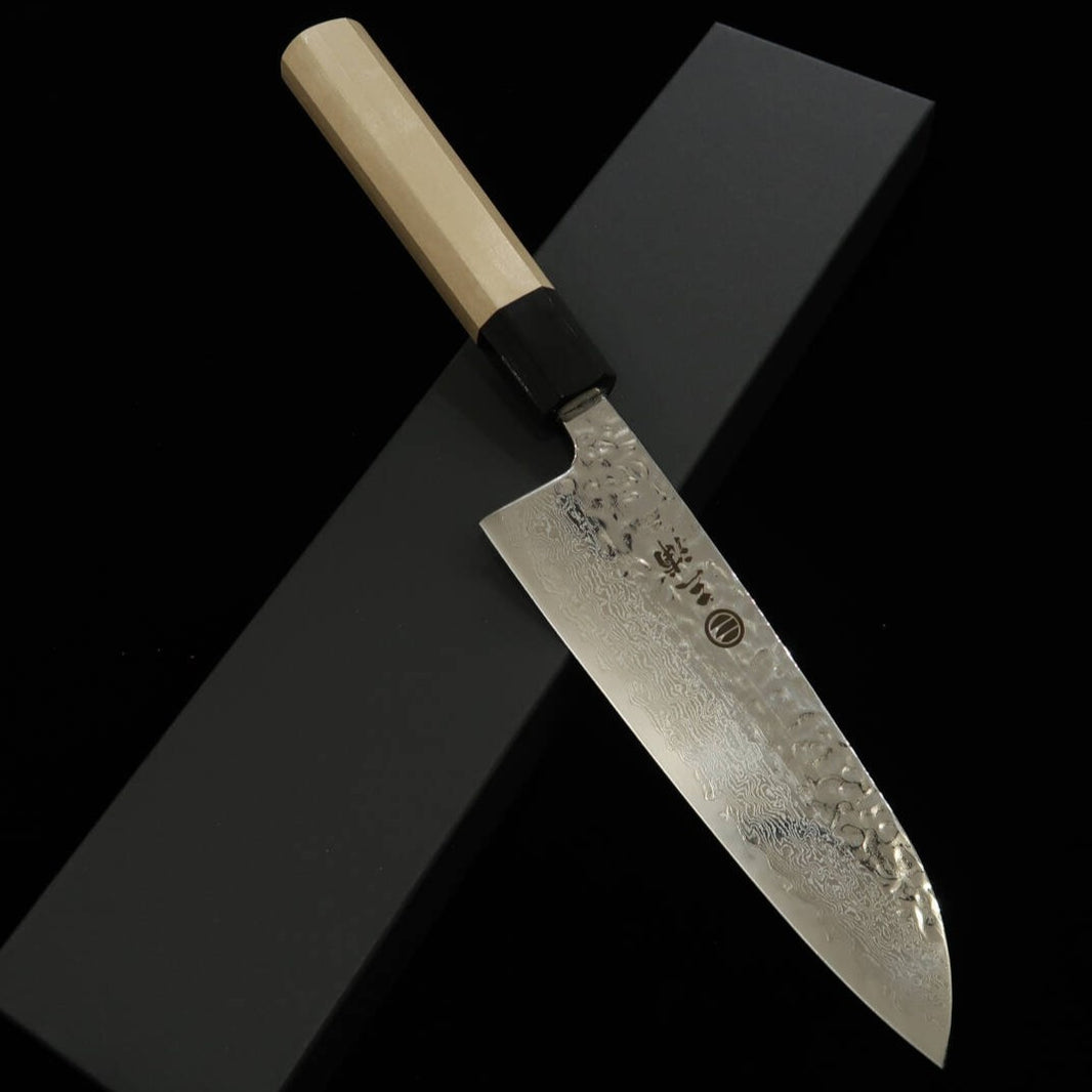 MIURA Santoku AUS10 (10A) espejo martillado Damasco mango octogonal de magnolia (165 mm)