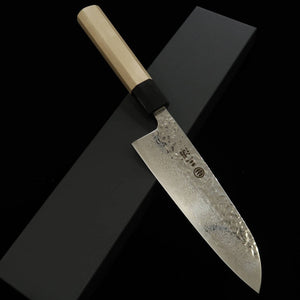 Miura Santoku AUS10 (10A) Mirror-Finished Hammered Damascus Steel with an Octagonal Magnolia Handle (165mm)