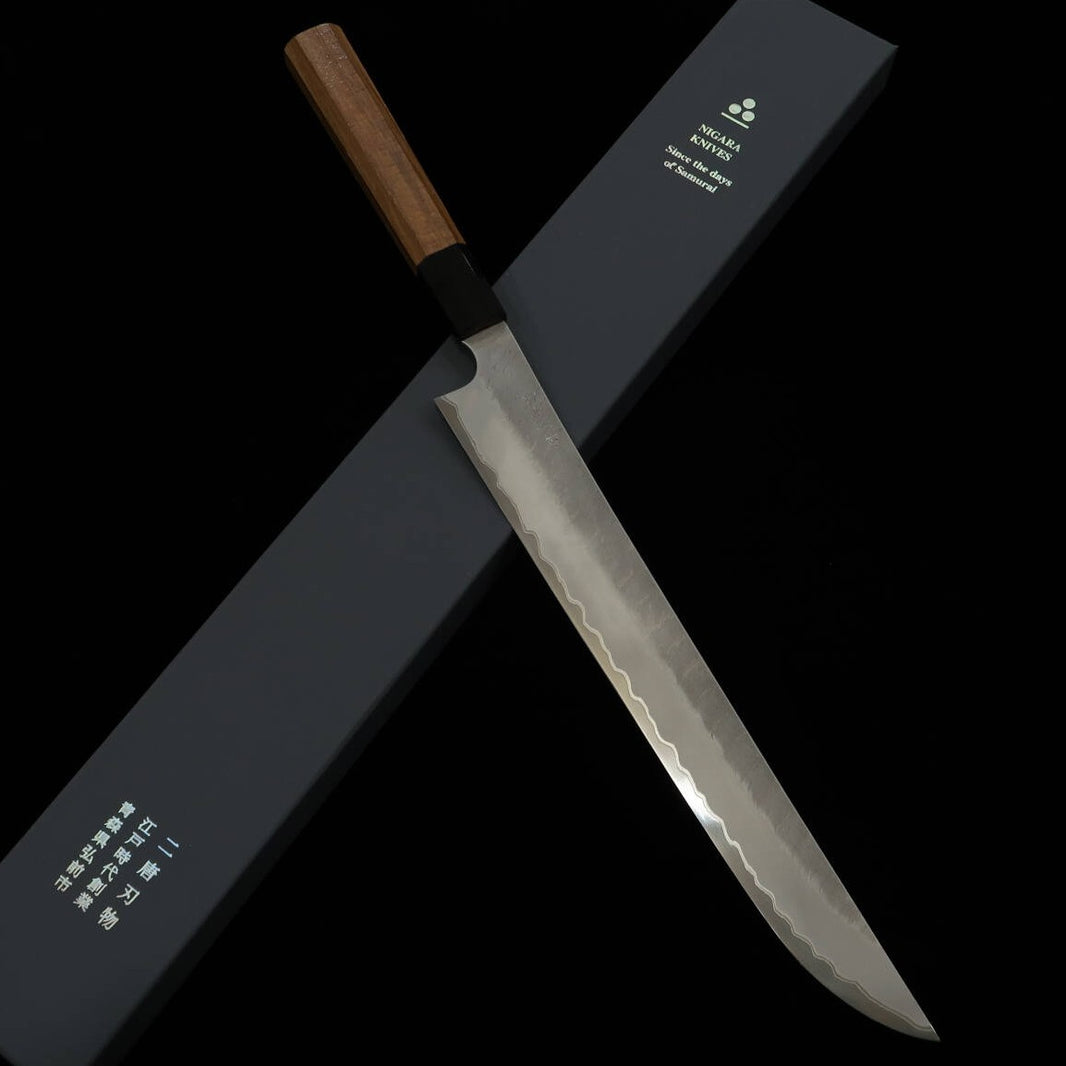 二唐刃物鍛造所NIGARA 青紙スーパー  鎚目 梨地 先丸筋引 チーク八角柄（300mm）