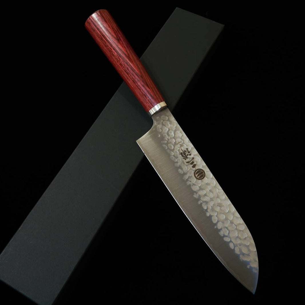 MIURA Santoku, VG10, Hammered Finish with Red Laminated Wood Handle (165mm)