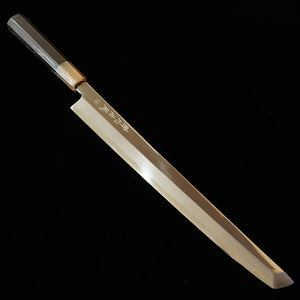 SUISIN Suisin, œuvre d’Itsuo Doi, Hayate, couteau à poulpe à bout rond, acier Aogami n°2, miroir, Hon-kasumi, manche octogonal en ébène avec virole en corne de buffle (300 mm)