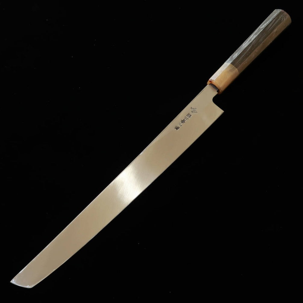SUISIN Suisin, œuvre d’Itsuo Doi, Hayate, couteau à poulpe à bout rond, acier Aogami n°2, miroir, Hon-kasumi, manche octogonal en ébène avec virole en corne de buffle (300 mm)