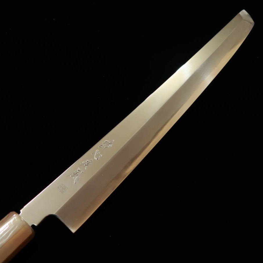 SUISIN Suisin, œuvre d’Itsuo Doi, Hayate, couteau à poulpe à bout rond, acier Aogami n°2, miroir, Hon-kasumi, manche octogonal en ébène avec virole en corne de buffle (300 mm)