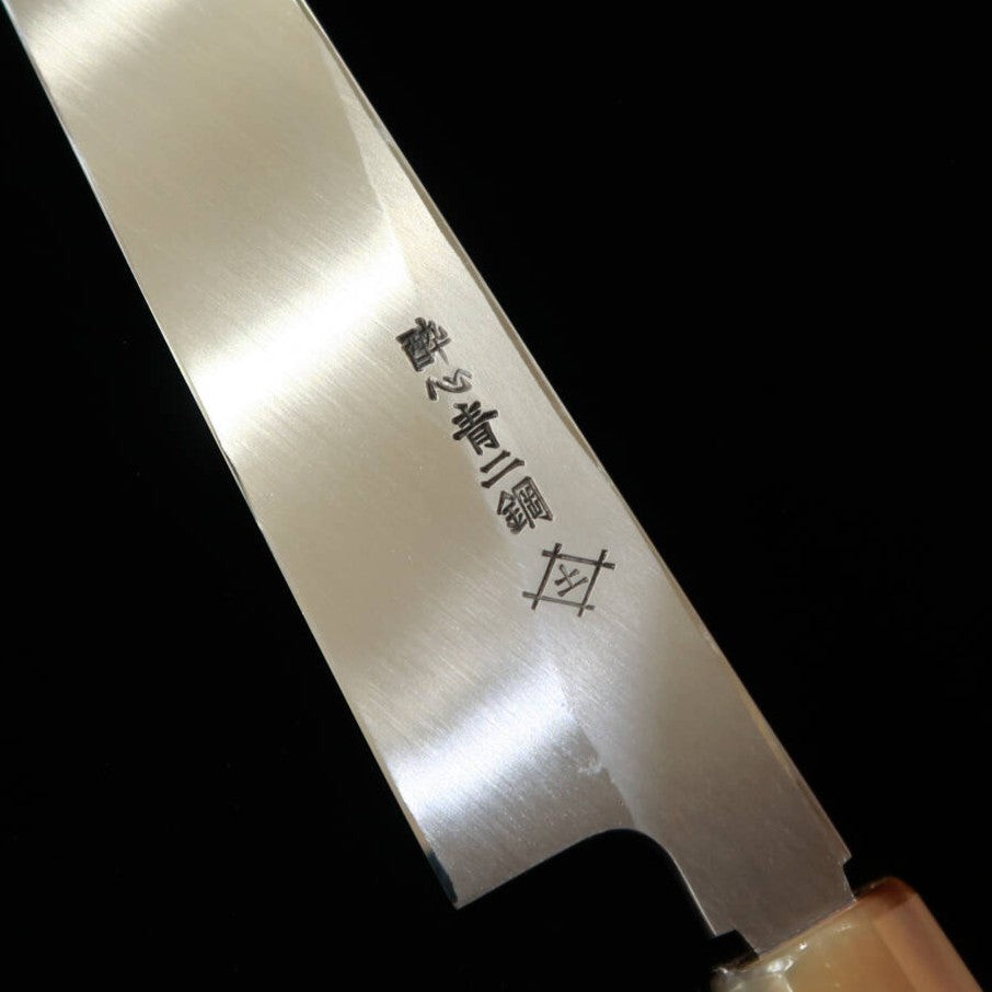 SUISIN Suisin, œuvre d’Itsuo Doi, Hayate, couteau à poulpe à bout rond, acier Aogami n°2, miroir, Hon-kasumi, manche octogonal en ébène avec virole en corne de buffle (300 mm)