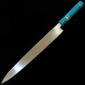 MIURA HAKU – Obidama yanagiba VG10, finition miroir, manche custom turquoise (300 mm)