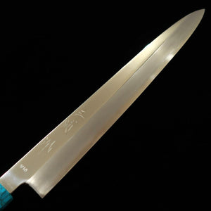 MIURA HAKU – Obidama yanagiba VG10, finition miroir, manche custom turquoise (300 mm)