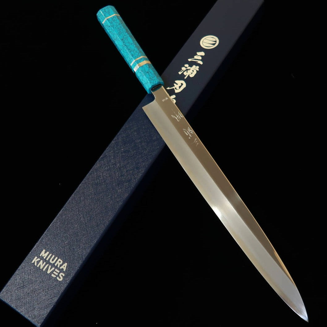 MIURA Obidama Yanagiba, VG10 Mirror Polish with Custom Turquoise Handle (300mm)