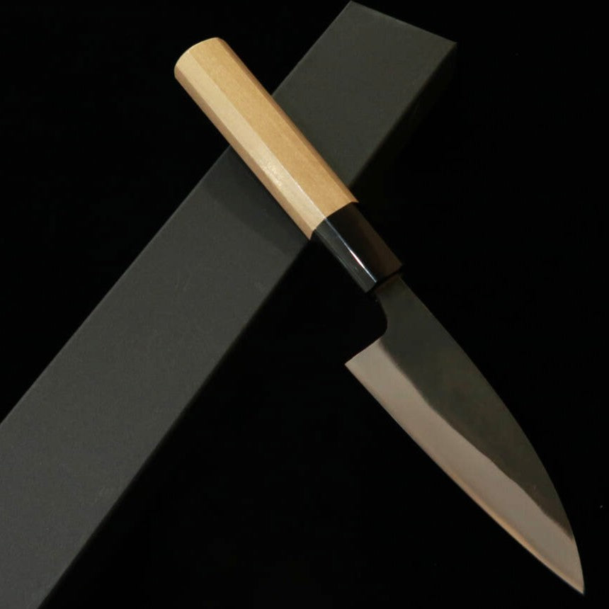 MIURA – Petit couteau, acier bleu n°1, finition kuro-uchi, flanc inox, manche octogonal en magnolia (105 mm)