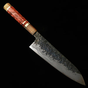貴輔KISUKE【琰-ENN】間中刃物鍛錬所 牛刀 青紙一号 黒打 鎚目 ダマスカス 本霞砥 レッドブラウンスタビライズハンドル (240mm)