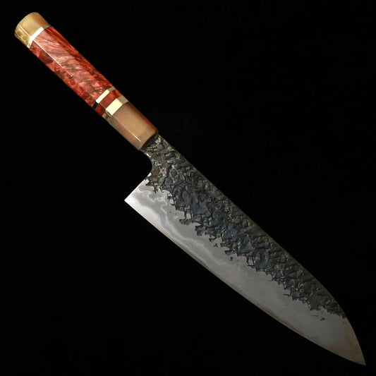 貴輔KISUKE【琰-ENN】間中刃物鍛錬所 牛刀 青紙一号 黒打 鎚目 ダマスカス 本霞砥 レッドブラウンスタビライズハンドル (240mm)