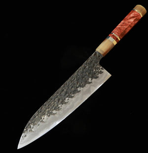 貴輔KISUKE【琰-ENN】間中刃物鍛錬所 牛刀 青紙一号 黒打 鎚目 ダマスカス 本霞砥 レッドブラウンスタビライズハンドル (240mm)