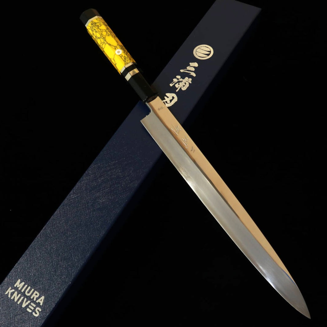 MIURA Obidama Yanagiba, VG10 Mirror Polish with Custom Yellow Handle (270mm)