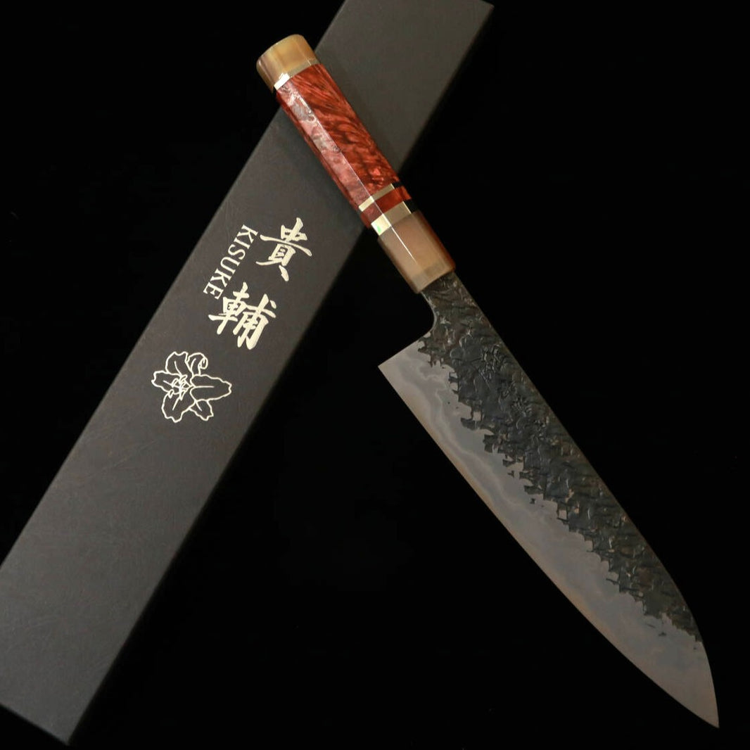 KISUKE [ENN] Manaka Hamono Gyuto, Aogami No.1, Kurouchi Tsuchime Damascus Honkasumi Polish, Red-Brown Stabilized Handle (240mm)
