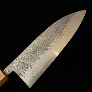 Miyazaki Kajiya MIYAZAKI KAJIYA Santoku Aço Gin-3 Damasco martelado Sub-zero Cabo de carvalho com laca queimada (180 mm)