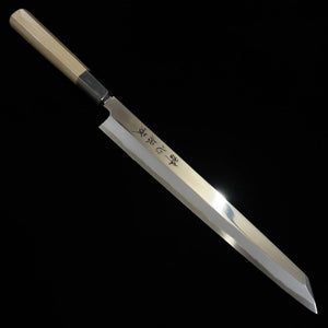 SUISIN Denshō Yanagiba tipo espada Aço Shirogami #1 acabamento espelhado cabo magnólia hexagonal meia-lua com chifre de búfalo (270 mm)