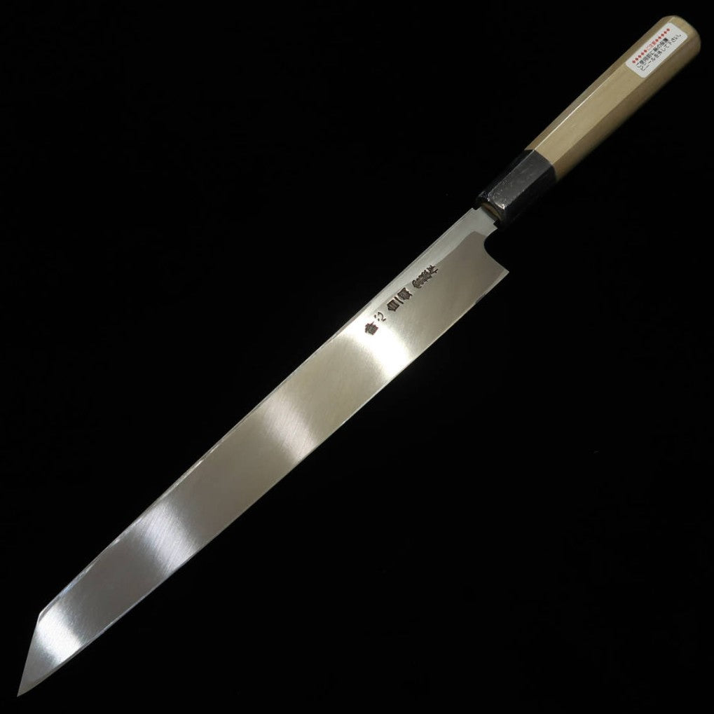 SUISIN Denshō Yanagiba tipo espada Aço Shirogami #1 acabamento espelhado cabo magnólia hexagonal meia-lua com chifre de búfalo (270 mm)