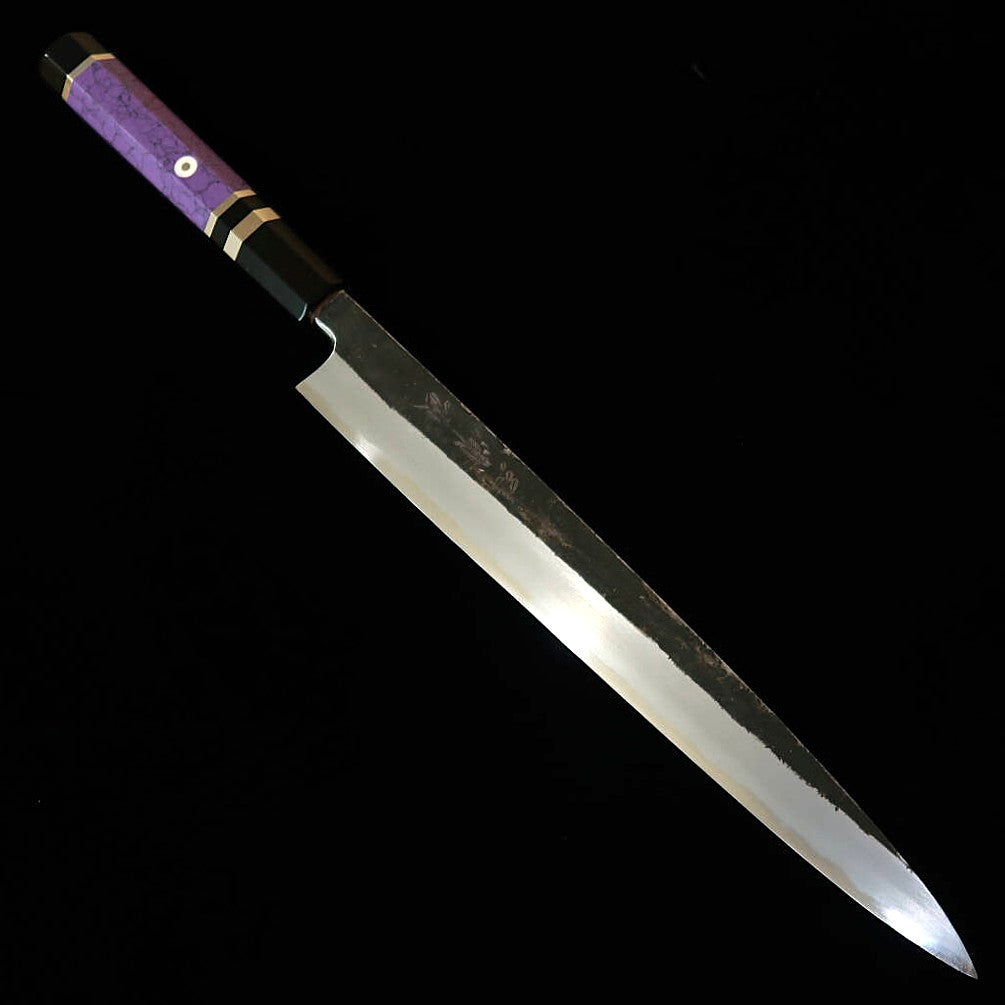 Miura Itadaki MIURA Itadaki Tanaka Giichi Yanagiba Aço Branco #2 Forja Preta Cabo Custom Roxo (270 mm)
