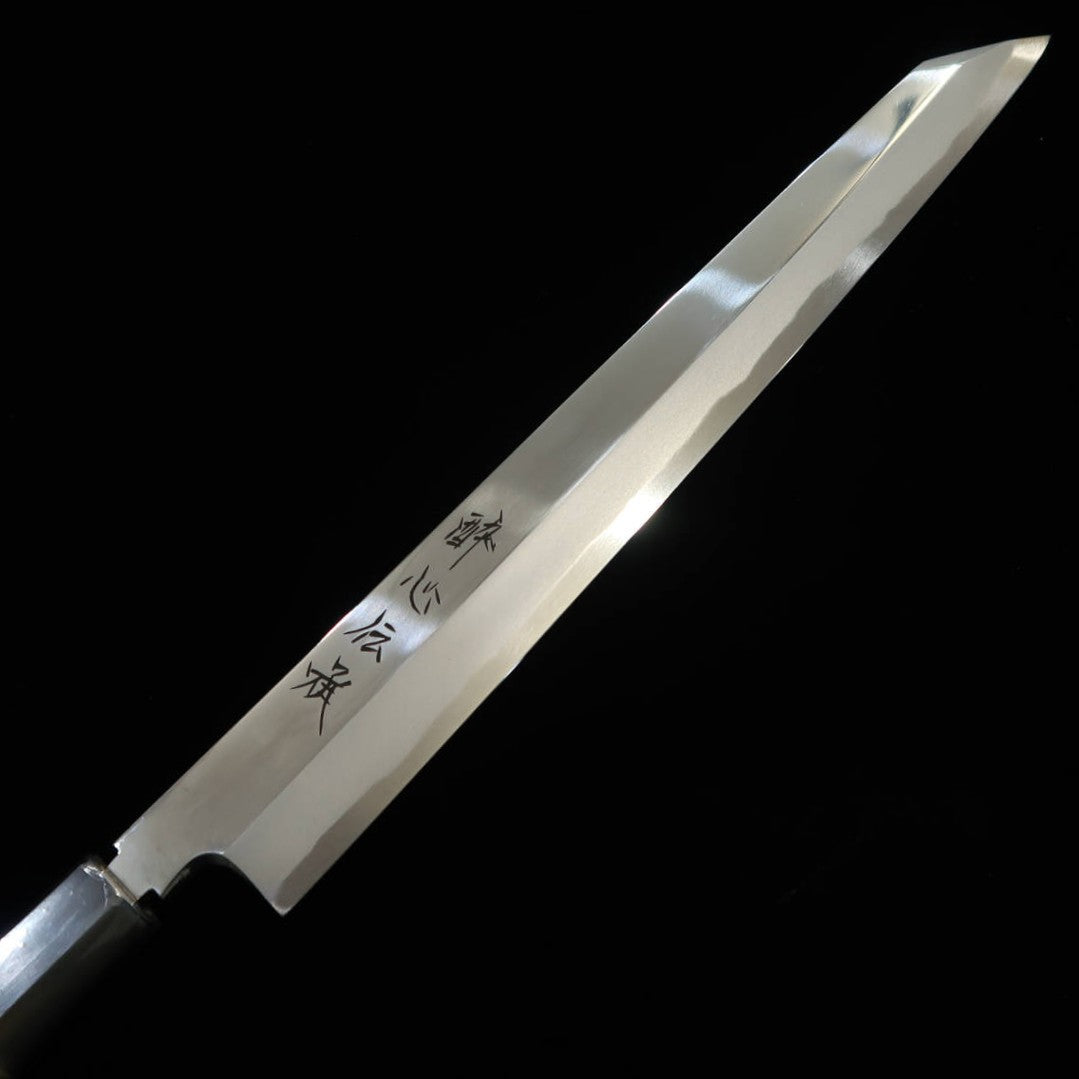 SUISIN Denshō Yanagiba tipo espada Aço Shirogami #1 acabamento espelhado cabo magnólia hexagonal meia-lua com chifre de búfalo (270 mm)
