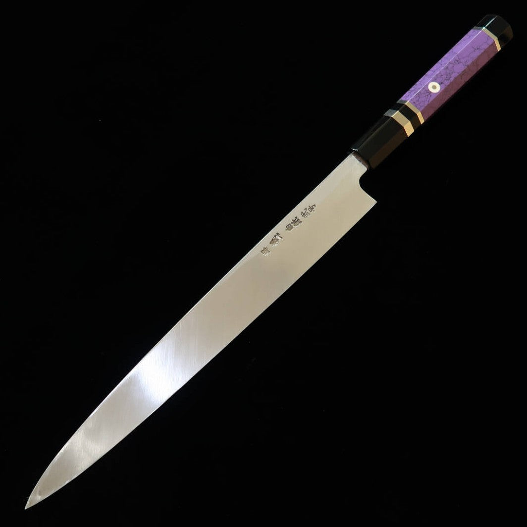 MIURA Itadaki, Yoshikazu Tanaka, Yanagiba, Shirogami No. 2 Kurouchi Finish with Custom Purple Handle (270mm)