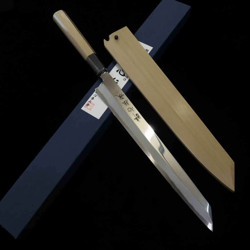 SUISIN Denshō Yanagiba tipo espada Aço Shirogami #1 acabamento espelhado cabo magnólia hexagonal meia-lua com chifre de búfalo (270 mm)