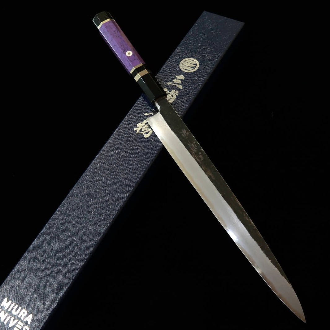 Miura Itadaki MIURA Itadaki Tanaka Giichi Yanagiba Aço Branco #2 Forja Preta Cabo Custom Roxo (270 mm)
