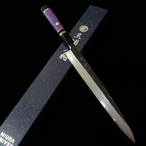 MIURA Itadaki, Yoshikazu Tanaka, Yanagiba, Shirogami No. 2 Kurouchi Finish with Custom Purple Handle (270mm)