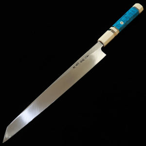 MIURA Itadaki por Giichi Tanaka Kiritsuke Yanagiba Shirogami nº2, acabado negro forjado, mango de turquesa blanca (270 mm)