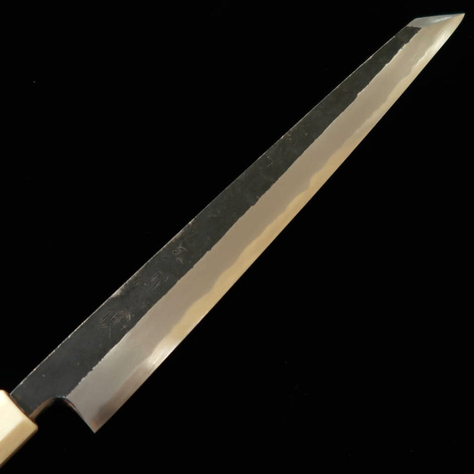 MIURA Itadaki por Giichi Tanaka Kiritsuke Yanagiba Shirogami nº2, acabado negro forjado, mango de turquesa blanca (270 mm)