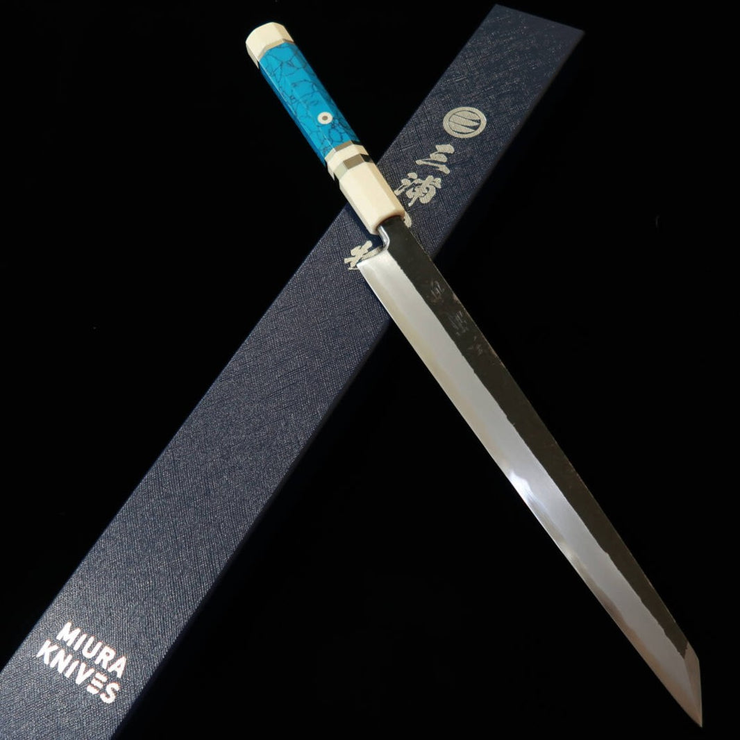 Miura Itadaki MIURA Itadaki Giichi Tanaka Kiritsuke Yanagiba Shirogami #2 Kurouchi Cabo em turquesa branca (270 mm)