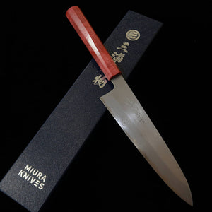 Cuchillo gyuto Miura Obidama, acero Aogami #1, damasco, mango de resina estabilizada roja (210 mm)