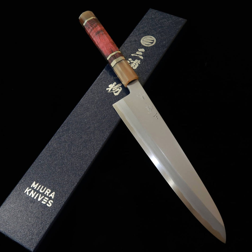 MIURA Obidama Gyuto unilatéral, acier blanc n°2, finition bokashi, manche en bois stabilisé rouge brun (240 mm)