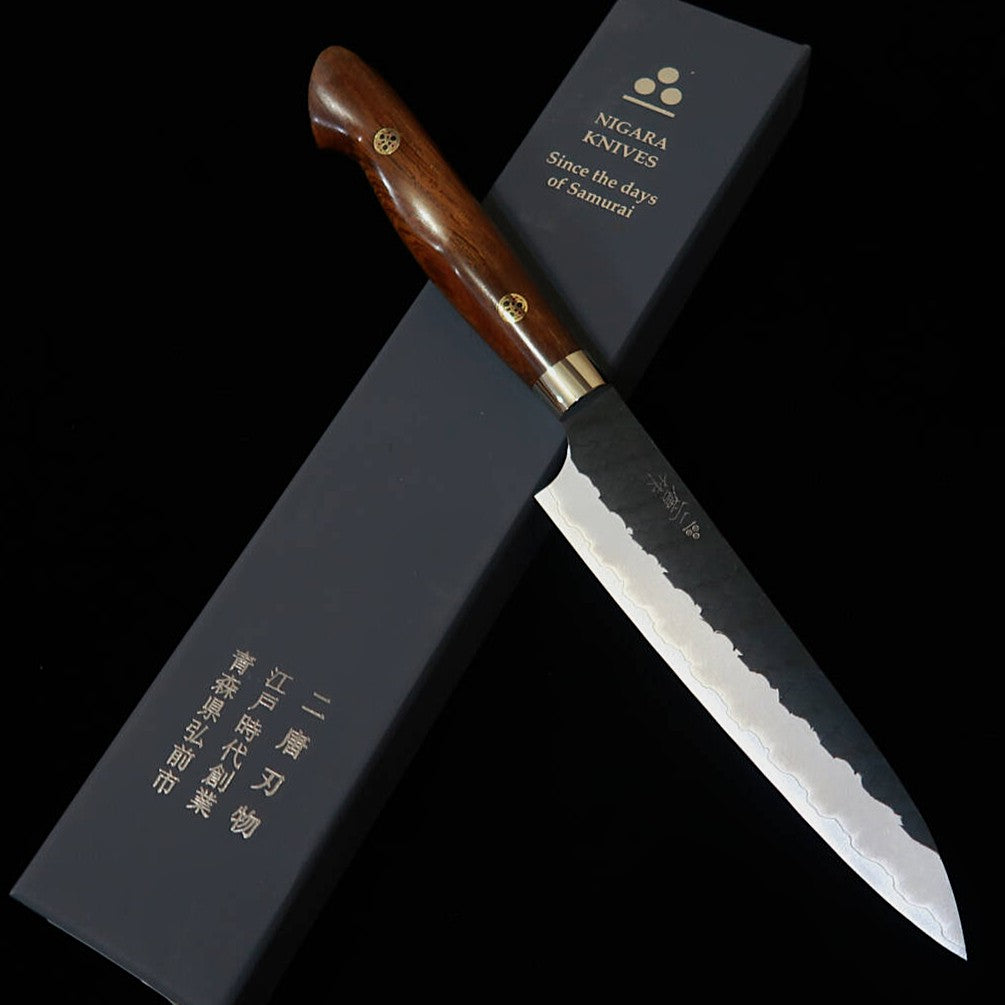 Couteau d'office Petty NIGARA – Acier SG2, Finition Kurouchi Martelée (Tsuchime), Manche en Ironwood (150 mm)